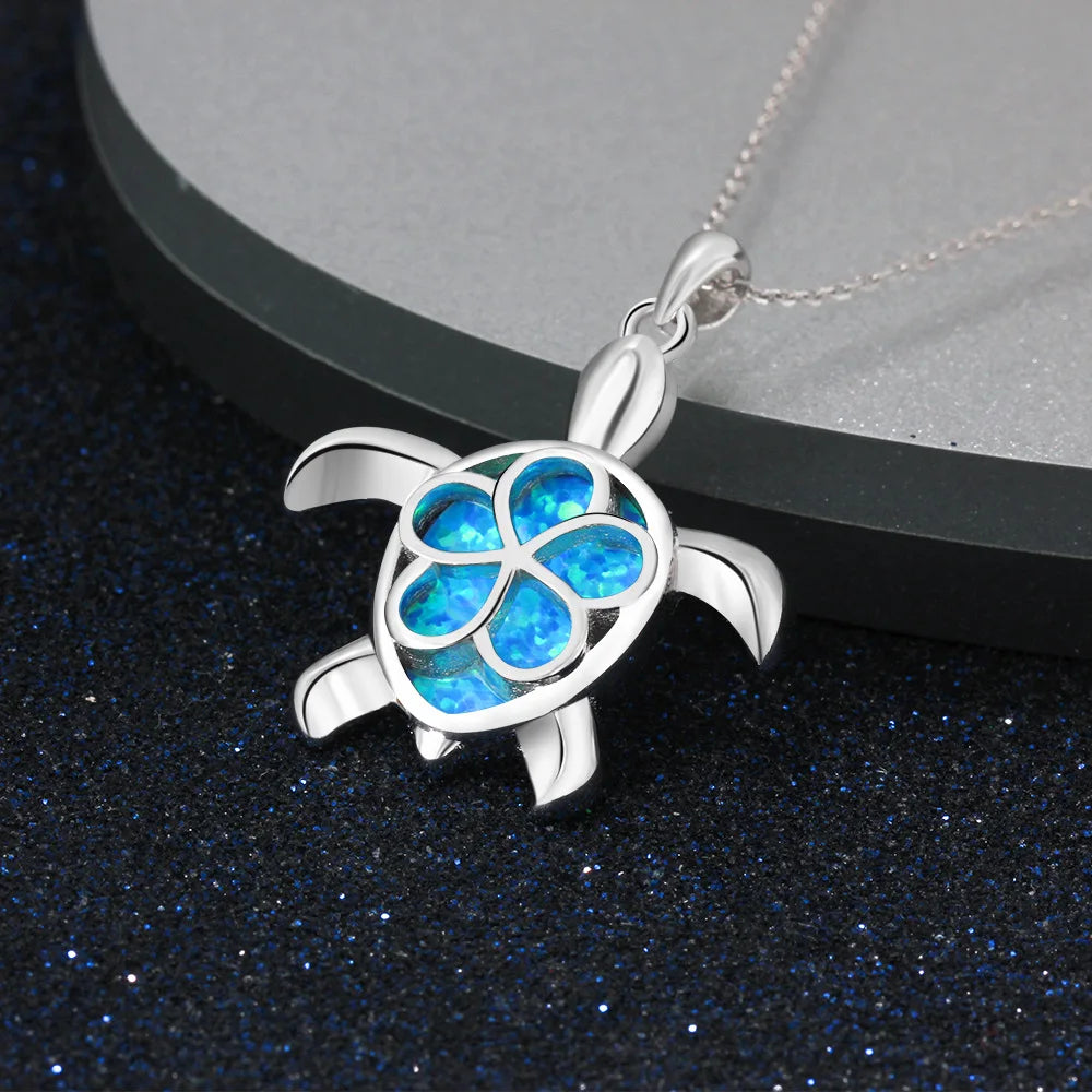 Bohemia Cute Turtle Pendant Necklace For Women Inlay Blue Imitation Opal Necklace Wedding Party Jewelry Christmas Gifts for Her