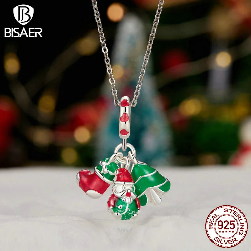 BISAER 100% 925 Sterling Silver Luminous Christmas Charm Bead Santa Claus Elk Pendant For Women DIY Bracelet Fine Jewelry Gift