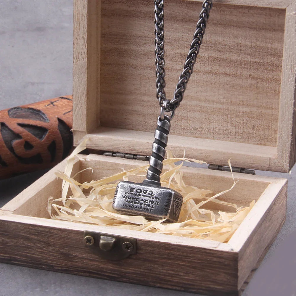 Fashion Valknut Viking Thor's Hammer Pendant Necklace With keel Chain As Men Gift with wooden box