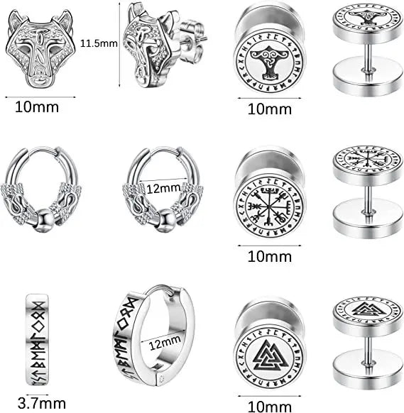 1/6Pairs Set 18G Viking Rune Round Stud Earrings for Women Men, 316L Stainless Steel Cartilage Tragus Helix Piercing Jewelry