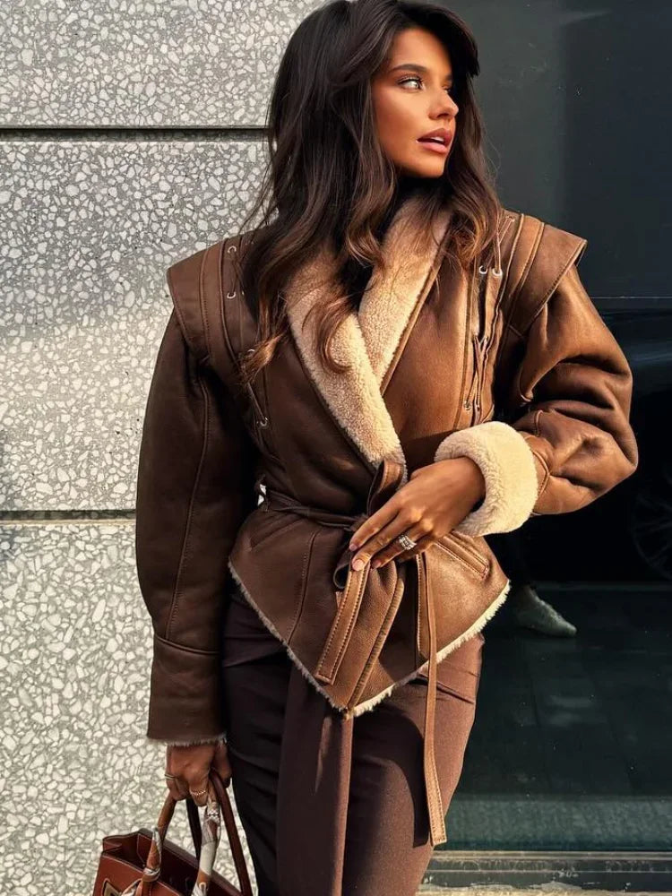 Elegant Irregular Hem Plush Lapel Coat Chic Lace Up Pocket Long Sleeve Women Jacket 2024 Autumn Winter New Warm Street Outerwear