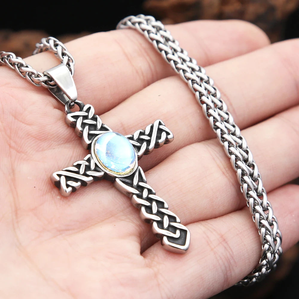 New Fashion Viking Celtics Knots Cross Pendant Necklace For Men Women Stainless Steel Gemstone Necklaces Nordic Amulet Jewelry