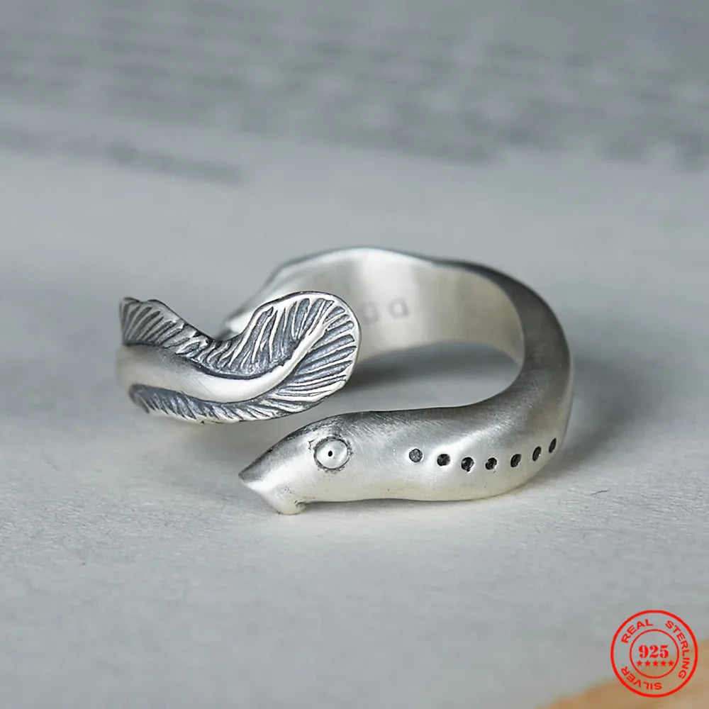 MKENDN Vintage 925 Sterling Silver Eel Adjustable Ring For Men Women Gothic Trendy Street Hip Hop Dark Jewelry