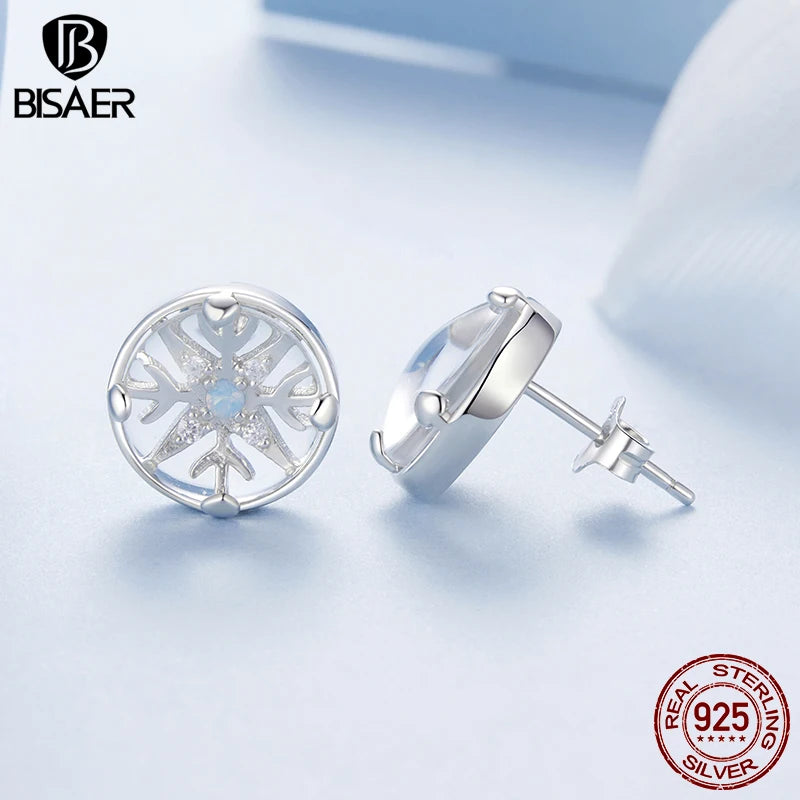 BISAER 925 Sterling Silver Crystal Ball Snowflake Stud Earrings Round Earrings Plated White Gold for Women Party Fine Jewelry