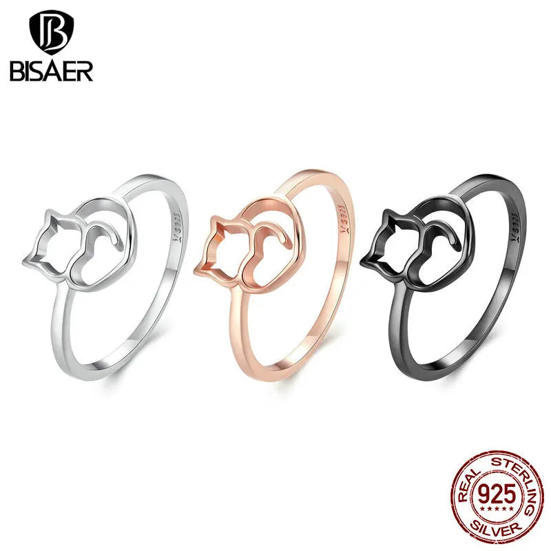 BISAER 925 Sterling Silver Cute Little Cat & Heart Finger Ring Size 6-9 3 Colors Pet Ring For Women Party Fine Jewelry ECR104