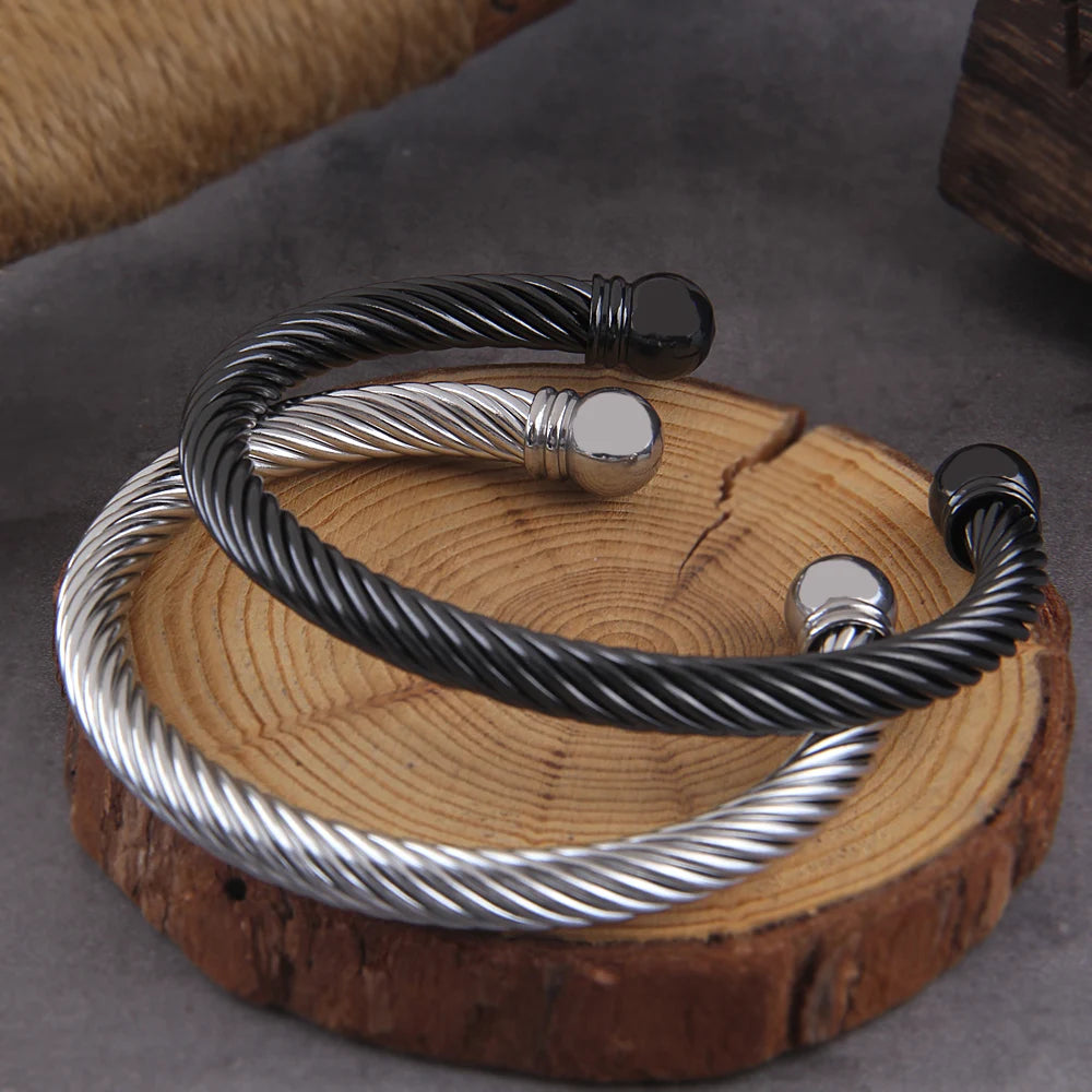 Stainless Steel Twisted Cable Wire Bracelets C-Shaped Adjustable Cuff Bangle Bracelet for Women Girls with wooden box