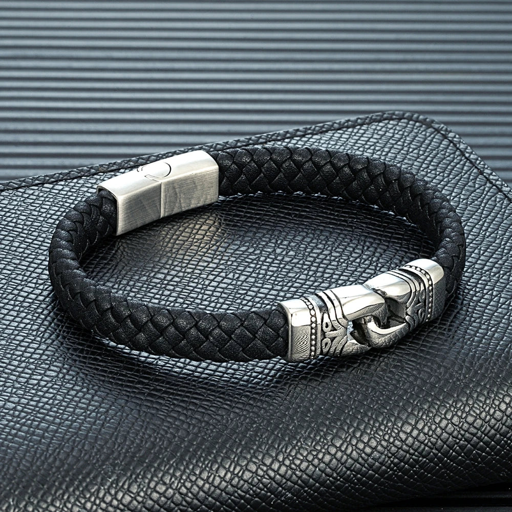 MKENDN Fashion Stainless Steel Magnetic Punk Rock Men Knot Bracelet Genuine Leather Braided Bangles Male Jewelry Accessories