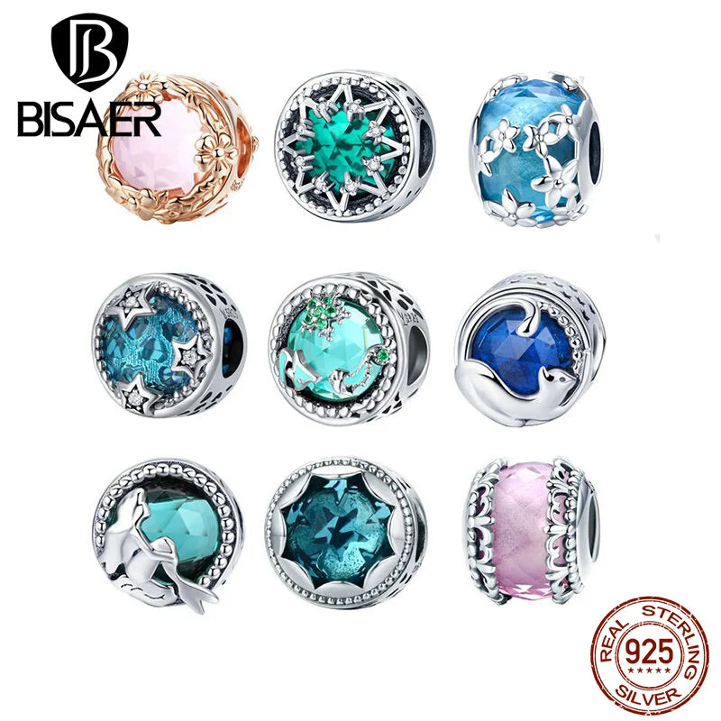 BISAER 925 Sterling Silver European Green Glass Beads Licorne Ocean Beads Charms Fit Original Charms Bracelets Jewelry Making