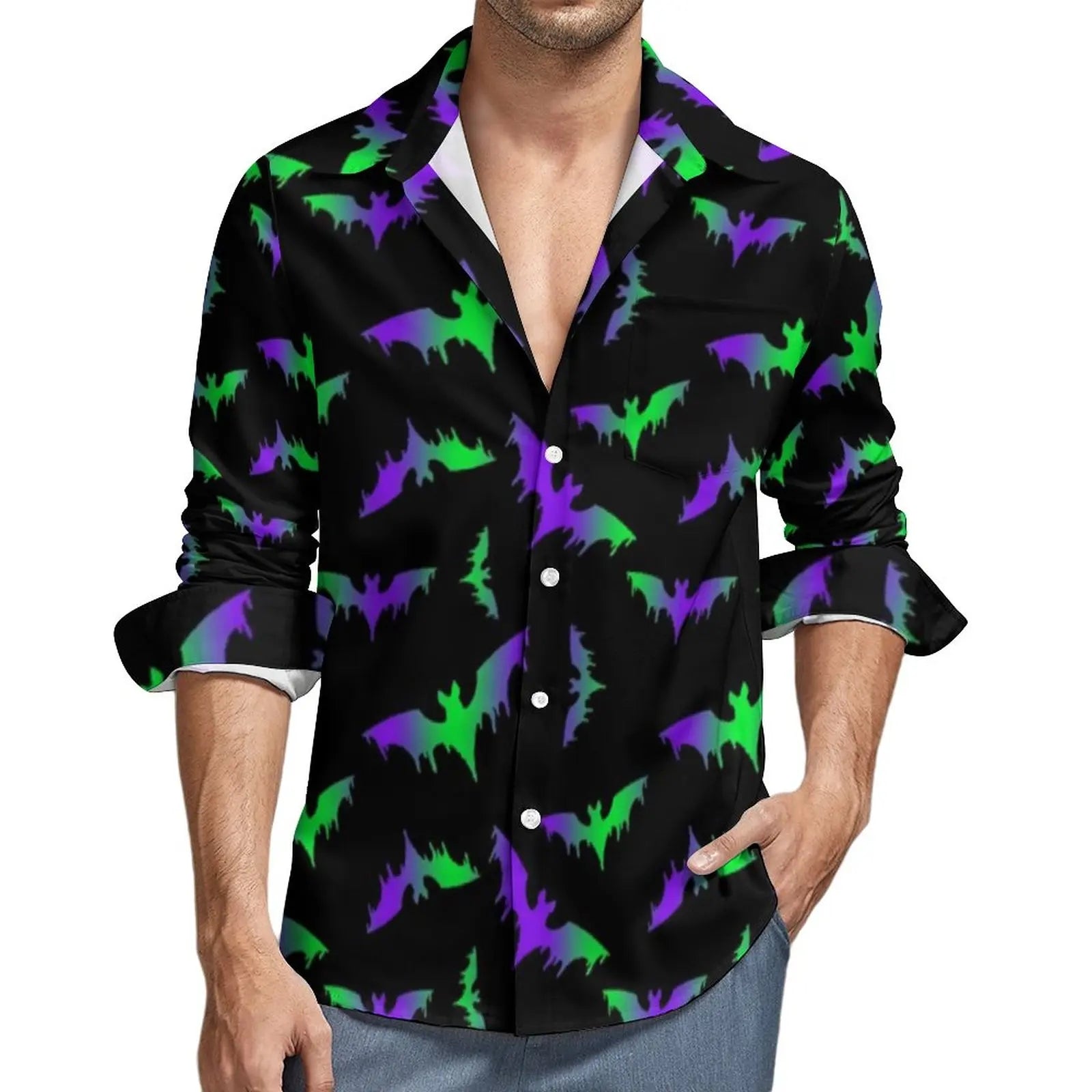 Purple Bats Print Shirt Autumn Black Halloween Casual Shirts Men Loose Blouses Long Sleeve Graphic Funny Clothing Plus Size