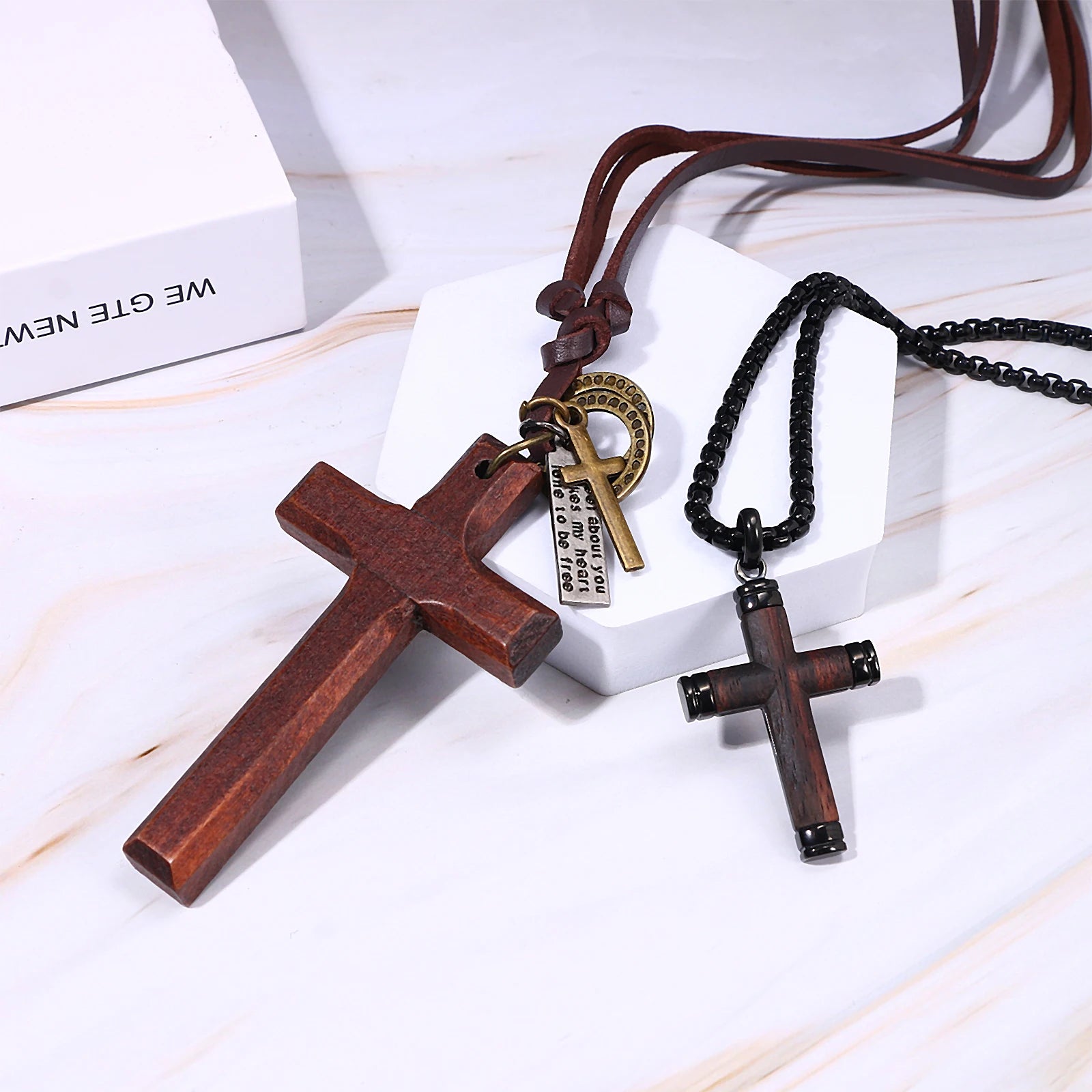 BONISKISS 2PC Vintage Wooden Stainless Steel Chain Cross Pendant Christianity Adjustable Leather Rope Necklace for Men and Women