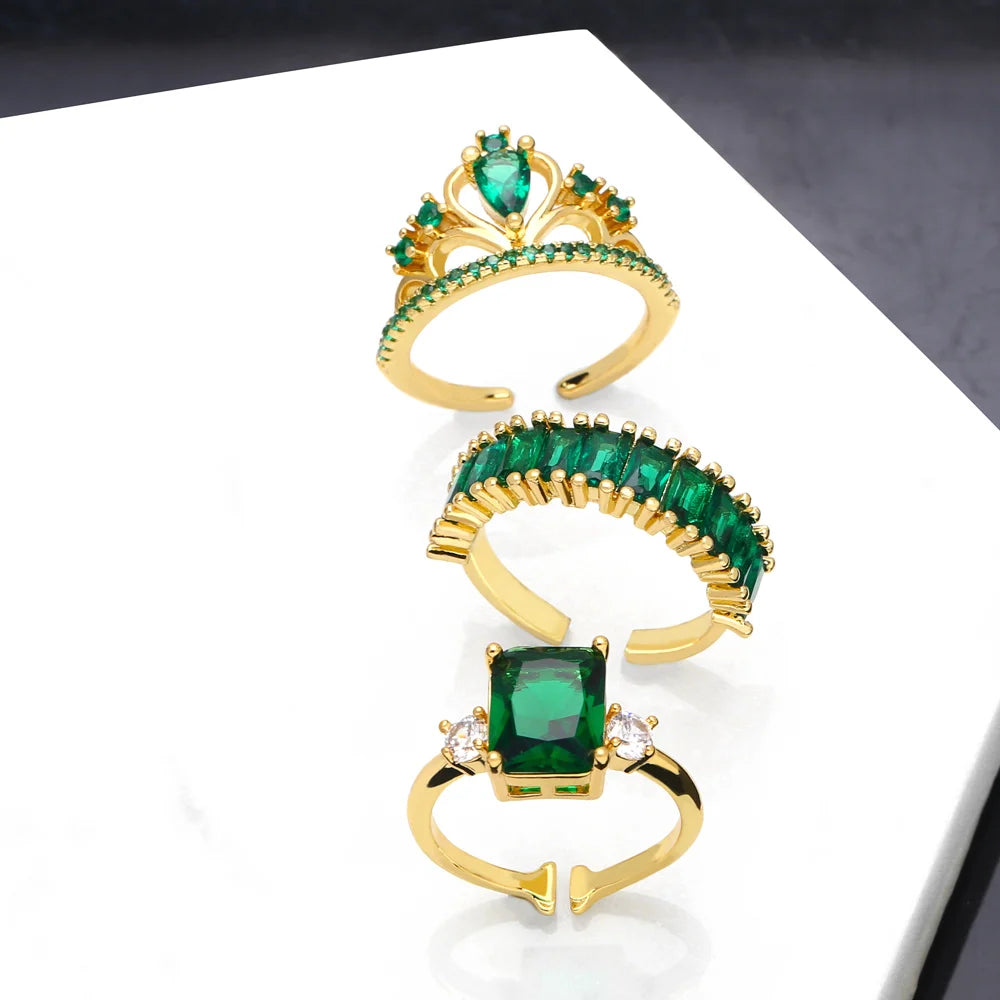 FLOLA Chic Clear Green Crystal Rings for Women Gold Plated Geometric Rings Crown Open Rings Spring Summer Jewelry Gifts rigp57