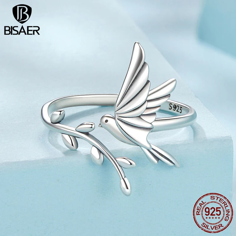 BISAER 925 Sterling Silver Kingfisher & Leaves Open Ring Adjustable Size 5-9 Band  for Women Party Fine Jewelry ECR1085-E