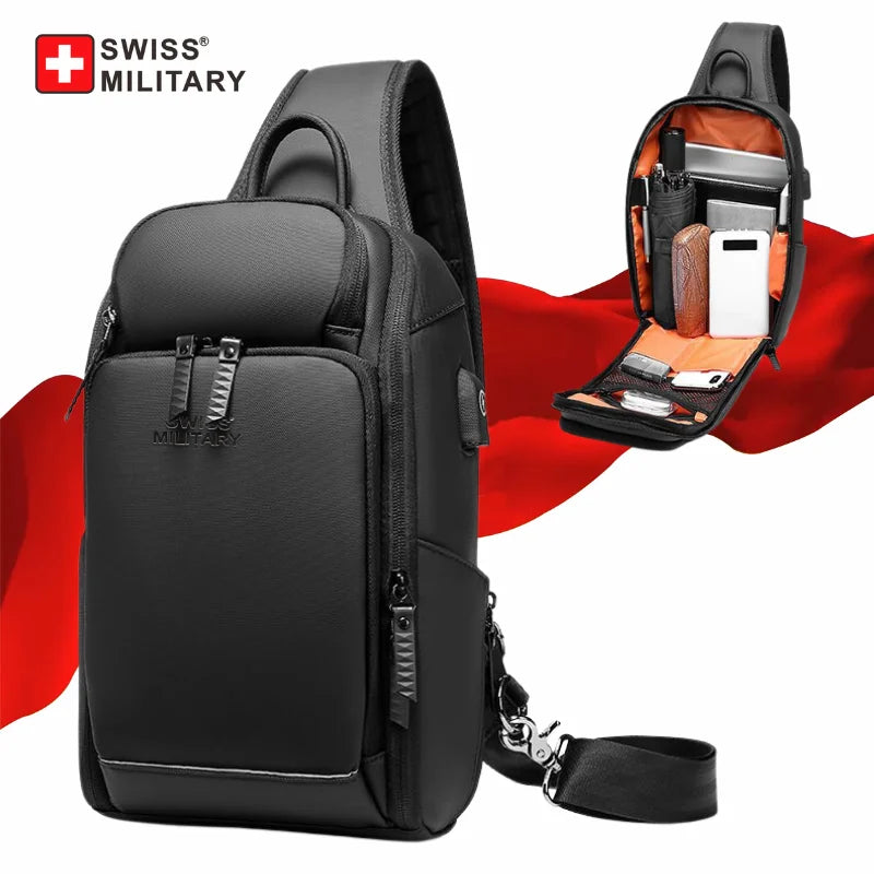 SWISS Men's Fashion Chest Bag Multifunctional Waterproof Shoulder Bag Sports Crossbody Bag Nylon Handbags Usb Bag Sling Pack