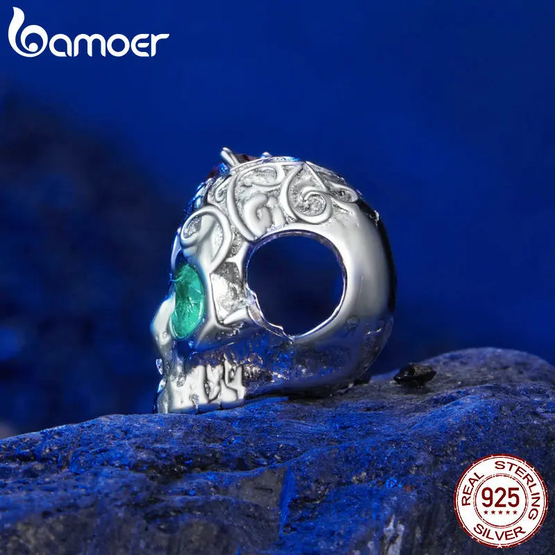 BAMOER Solid 925 Sterling Silver Patterned Skull  Charm Beads fit Original Bracelet & Necklaces Halloween Jewelry DIY SCC2893