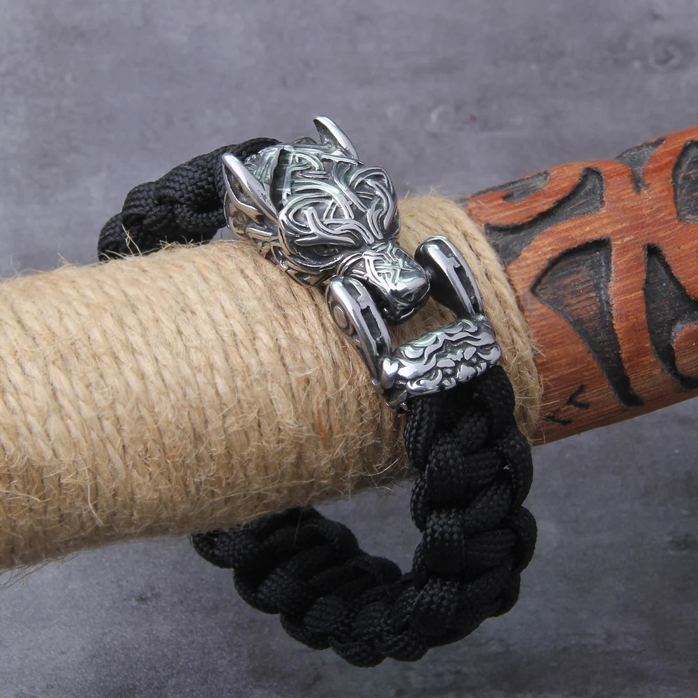 Never Fade Rock Viking Wolf Bracelet Men's handmade cord Can Open Wolf Mouth Punk Bracelets Biker Jewelry