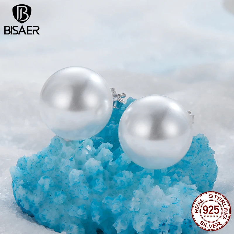 BISAER 100% 925 Sterling Silver Round Pearl Stud Earrings Plated White Gold For Elegant Women Party Original Fine Jewelry Gift