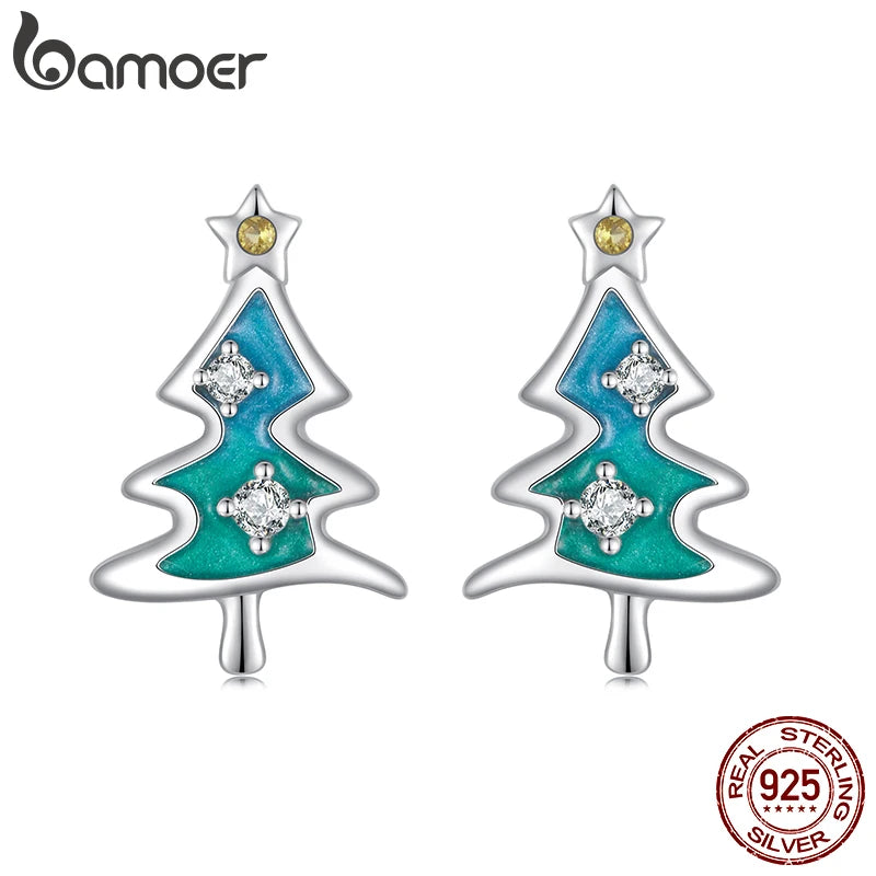 Boucles d'oreilles à tige en argent sterling 925 BAMOER en forme d'arbre de Noël, boucles d'oreilles hypoallergéniques plaquées or, cadeau de Noël pour fille SCE1811