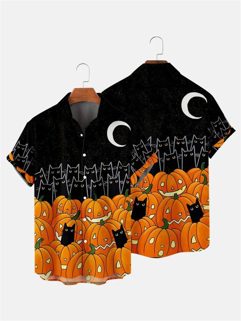 Men's Fashion Halloween Shirt Summer Cute Style Men's Clothing Party Holiday Men Top Pumpkin Head Print Boys' Short Sleeve Shirt