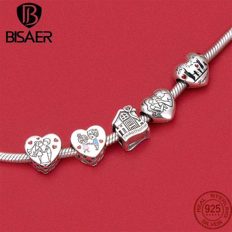 BISAER 925 Sterling Silber Runder Familien-Charm-Perlen-Haus-Anhänger für Frauen Armband Halskette DIY Feiner Schmuck Muttertagsgeschenk