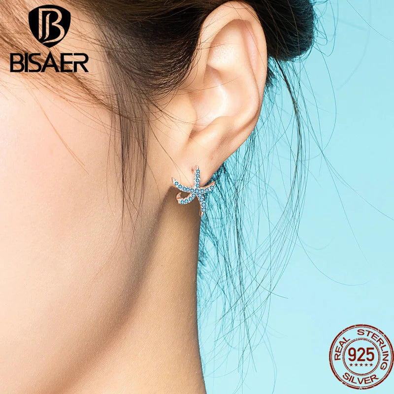 BISAER 925 Sterling Silver Starfish Earrings Blue Cubic Zircon Starfish Stud Earring For Women Beach Party Fine Jewelry EFE136