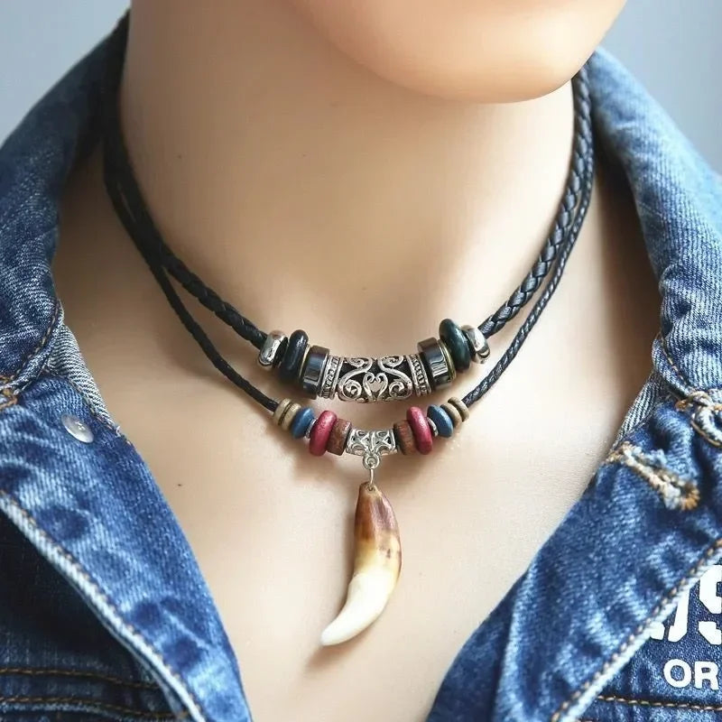 Goth Multi-layer Vintage Wolf Tooth Pendant Leather Beaded Necklace