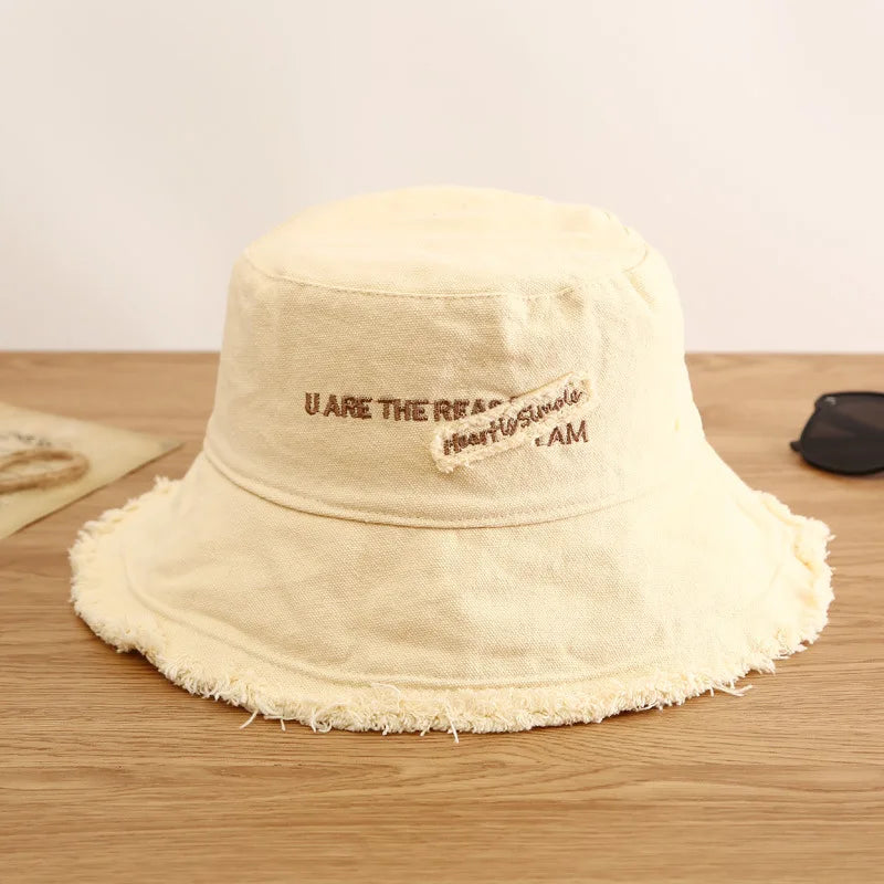 Men's Raw Fringed Bucket Hat Bob Summer Kpop Cloth Label Panama Hat for Women Hip Hop Caps Outdoor Sun Fishing Fisherman Hat