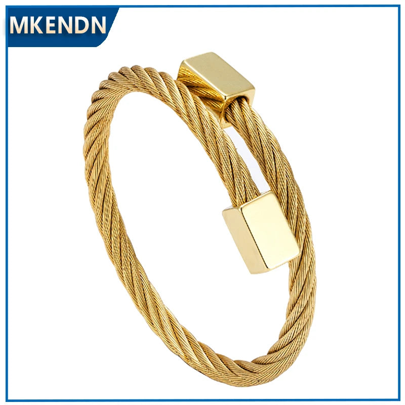 MKENDN Luxury Style Non-fading Cuff Bangle Stainless Steel Twisted Elastic Cable Bracelet Men Women Jewelry Street Gifts