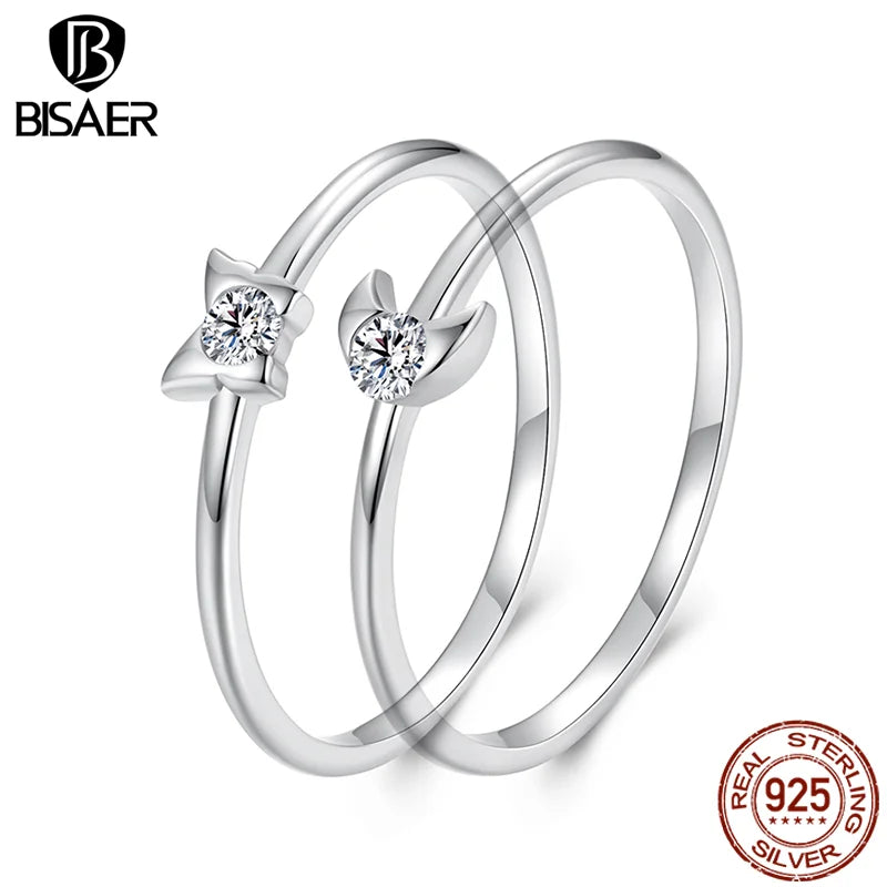 BISAER 925 Sterling Silver Butterfly Ring Moon Sparkling Zircon Band Plated White Gold for Women Party Weeding Fine Jewelry Gift