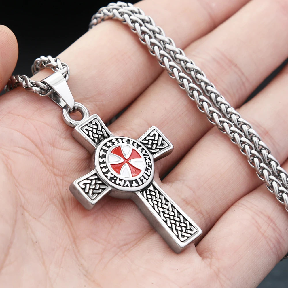 Vintage Punk 316L Stainless Steel Templar Red Knight Cross Pendant Necklaces For Men Boys Fashion Amulet Jewelry Gifts Wholesale