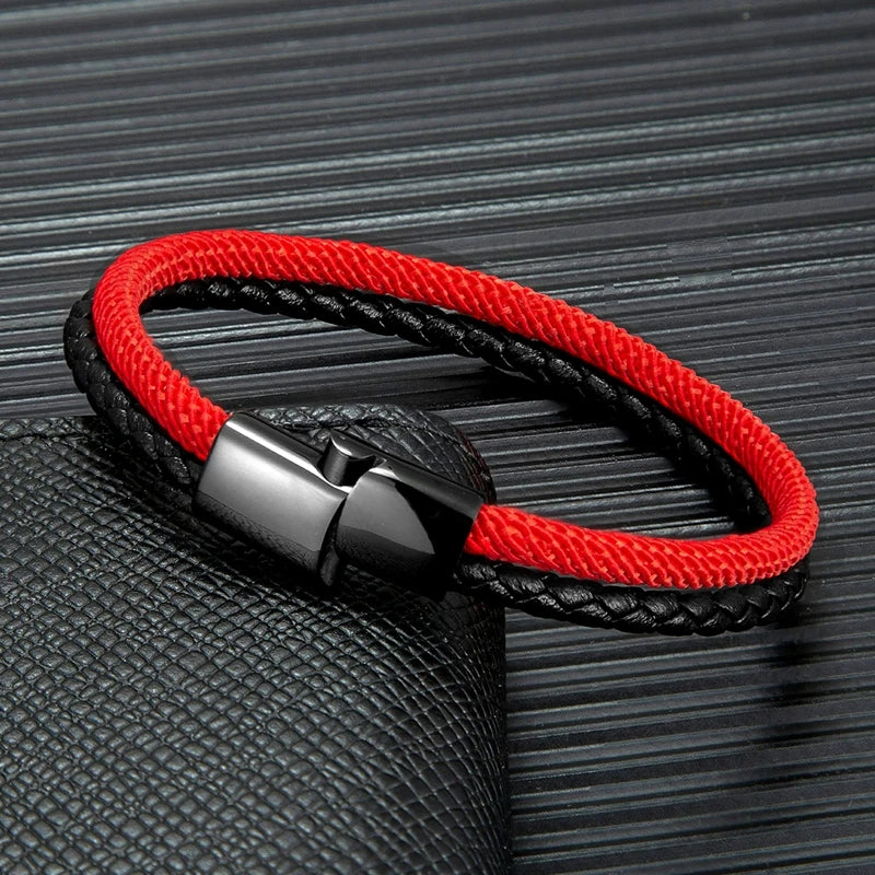 MKENDN Mens Double Strand Braided Leather Rope Bracelet For Women Black Stainless Steel Magnet Buckle Couple Minimalist Jewelry