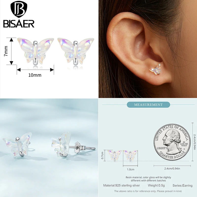 BISAER Real 925 Sterling Silver Butterfly Flower Stud Earrings for Women Exquisite Party Mini Ear Clip for Girl Original Design