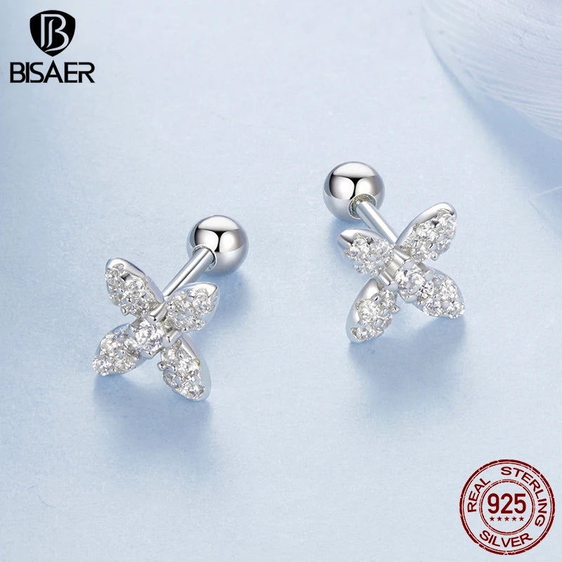 BISAER 925 Sterling Silver Mini Flower Stud Earrings Sparkling Zircon Hypoallergenic Earrings for Women Party Fine Jewelry Gift