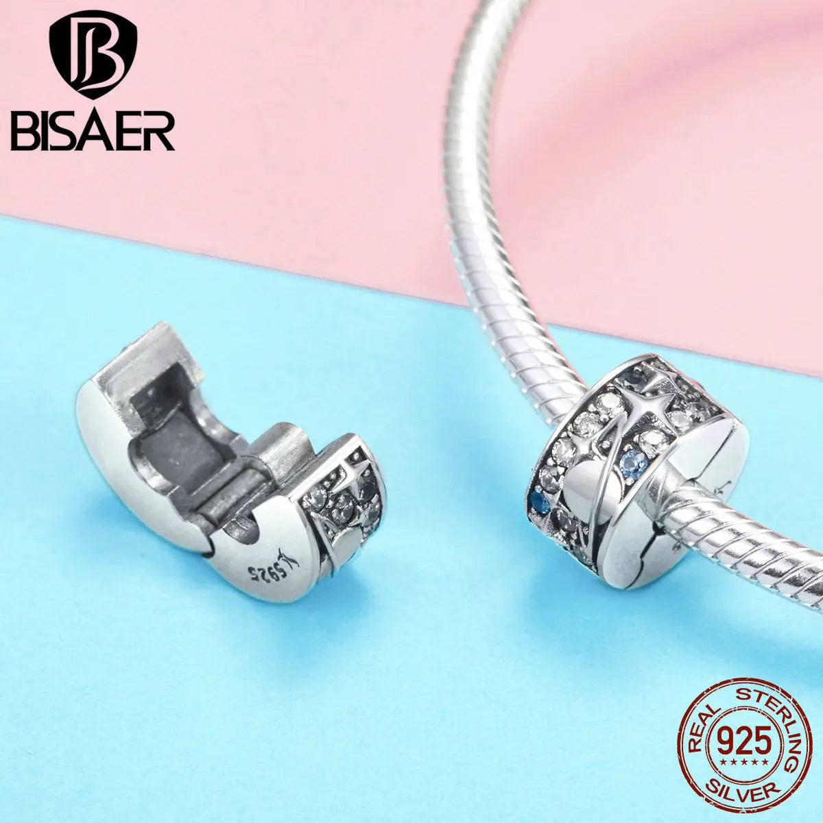 BISAER 925 Sterling Silver Big Clip Spacer Charm Open Lock Stopper Bead Plated Platinum Women for DIY Bracelet Fine Jewelry Gift