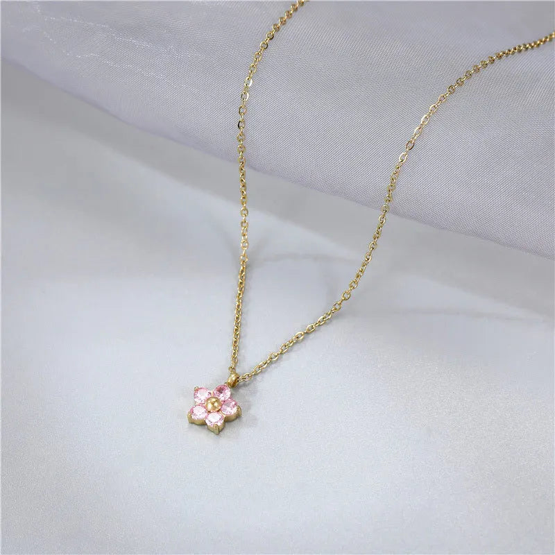 Dainty Waterproof Jewelry Gold Plated Stainless Steel Pink Purple White Cubic Zirconia flower Pendant Necklace for Women Gift