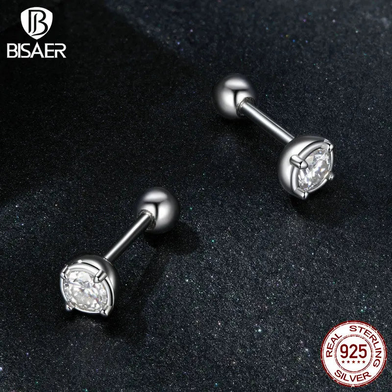 BISAER Exquisite Moissanite Ear Earrings 925 Sterling Silver Mini Round Hypoallergenic Classic Stud Ear Engagement Jewelry Gift