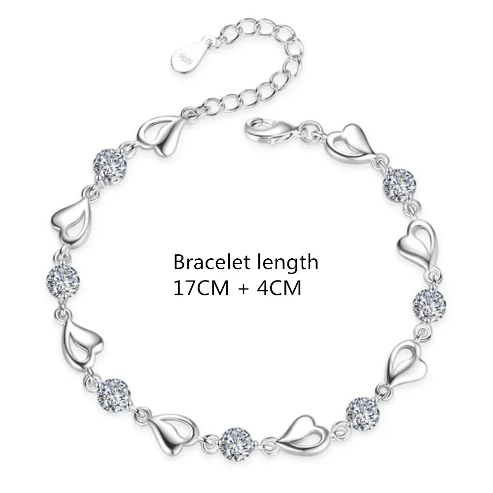 925 Sterling Silver Heart Shaped Necklace Bracelet Set for Women Vintage Korean Blue Crystal Bracelets Jewelry