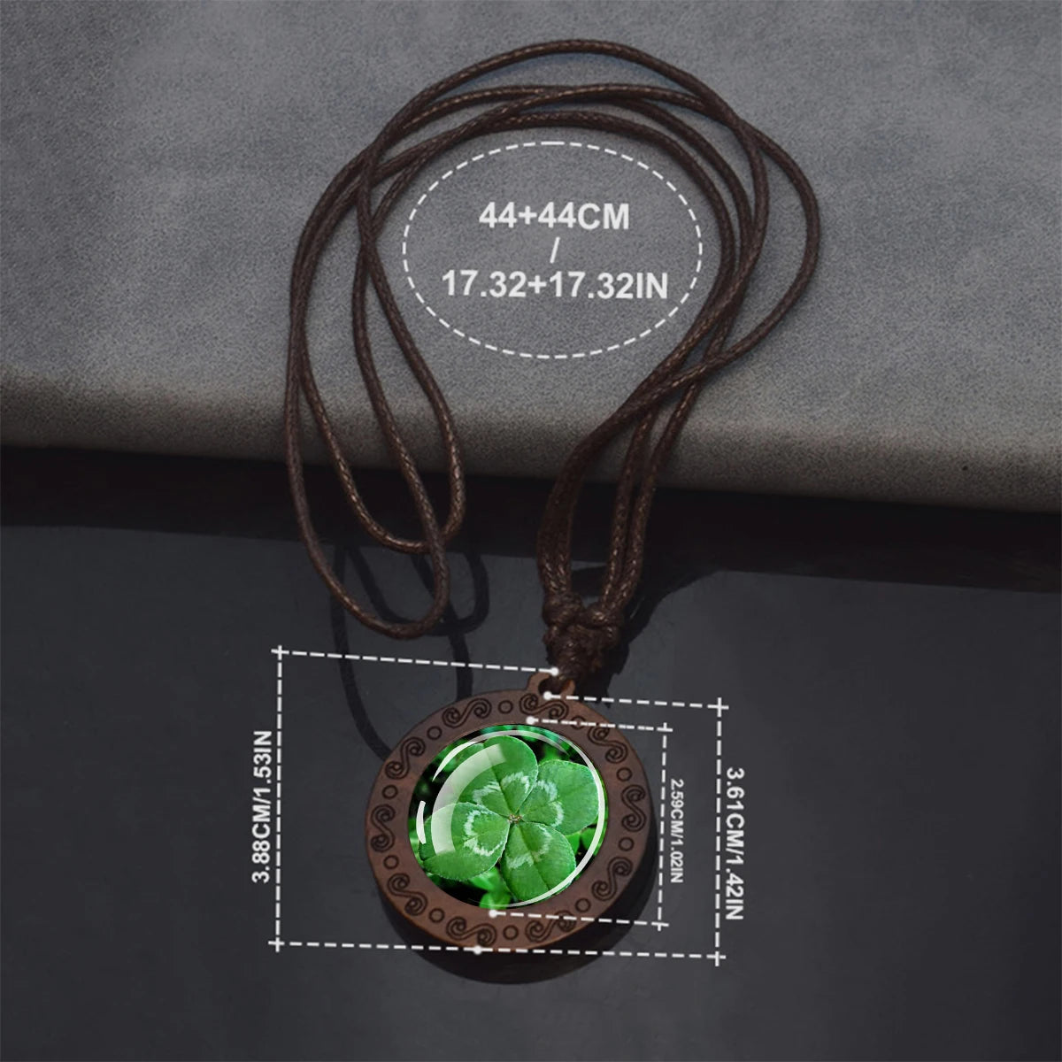 Four Leaf Clover Glass Dome Wooden Pendant Necklace Rope Chain Necklace Retro Jewelry St.Patrick's Day Gift