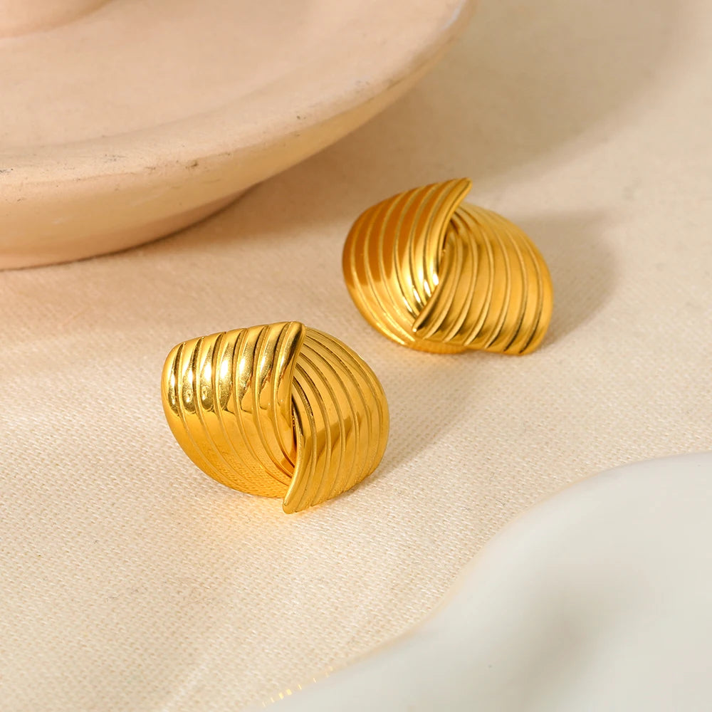 INS Trend 18K Gold Plated Stainless Steel Striped Textured Studs for Women Hypoallergenic Geometric Earrings Party Gift