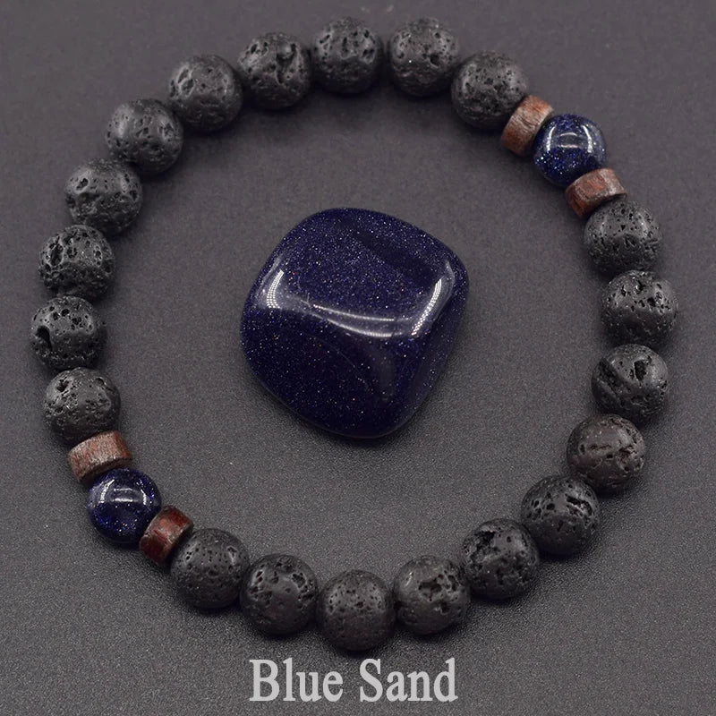 Natural Blue Sandstone Round Beads Bracelet Men Women Vintage Volcanic Stone Jewelry Relieve Anxiety Wristband Birthday Gift