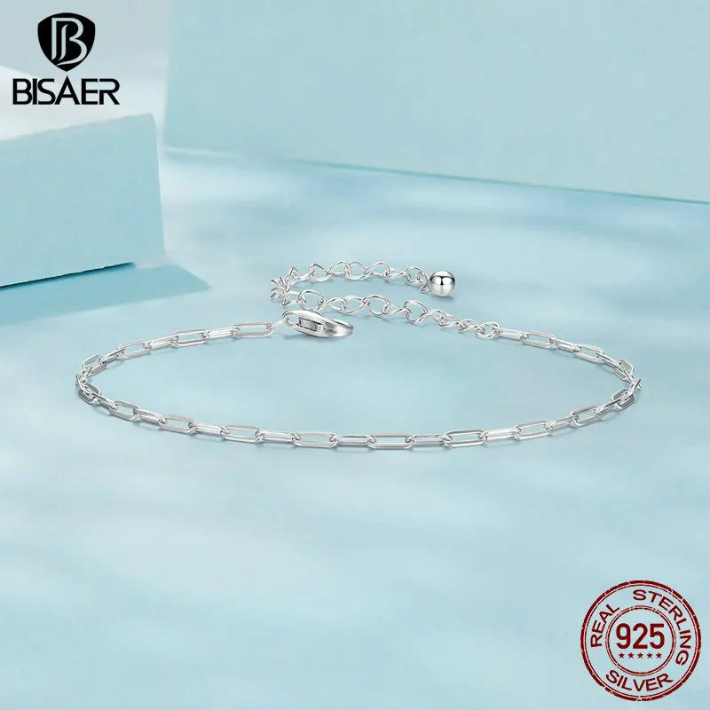 BISAER 925 Sterling Silver Simple Square Bracelet Adjustable Chain Plated White Gold for Women Party Fine Jewelry Gift ECB286