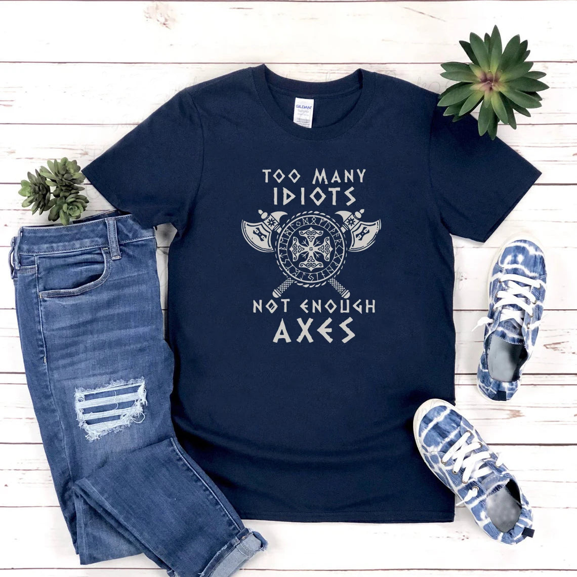 T-Shirt „Too Many Idiots Not Enough Axes“ von Vikings, Norwegen, nordische Mythologie, Wikinger-Shirt, Unisex, Grafik-T-Shirts, kurzärmelig