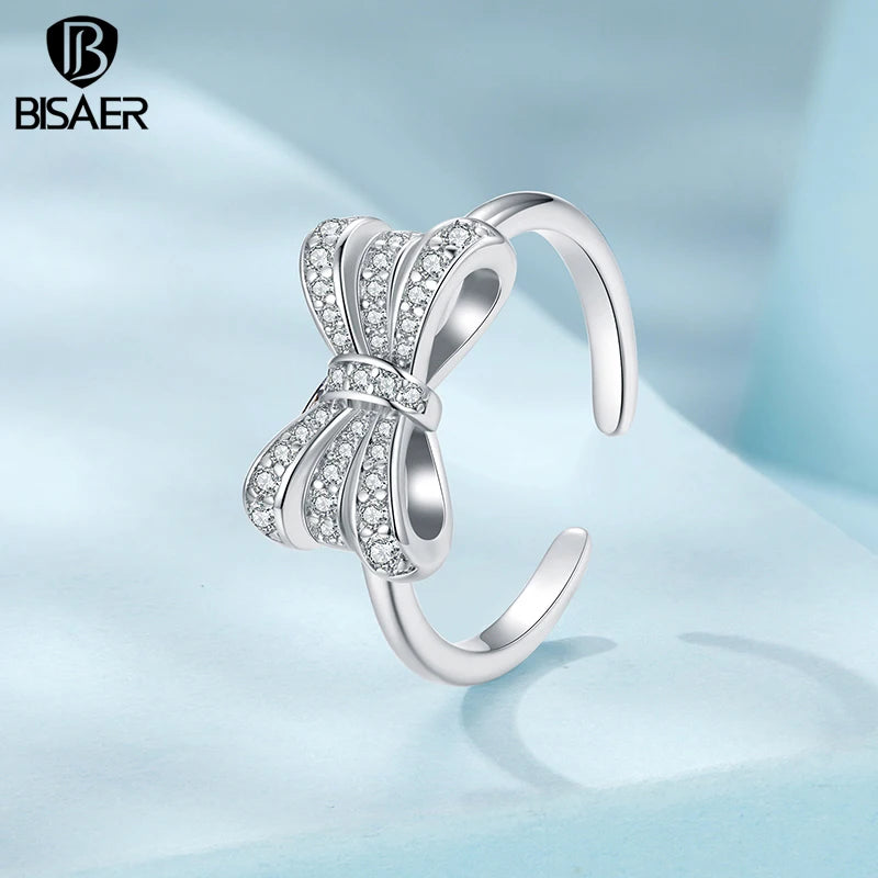 BISAER Bague Ouverte en Or Blanc Plaqué Taille Réglable 5-9 Anneaux pour Femmes Luxe Léger Mariage Fiançailles Mode Bijoux Cadeau