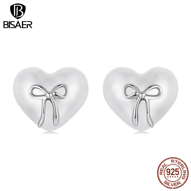 BISAER Real 925 Sterling Silver Pearl Heart Stud Earrings Bow Stud Ear For Elegant Women Party Fine Jewelry Holiday Gifts