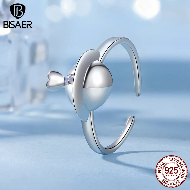 BISAER 925 Sterling Silver Heart Planet Open Ring Adjustable Size Band Plated White Gold for Romantic Women Party Fine Jewelry