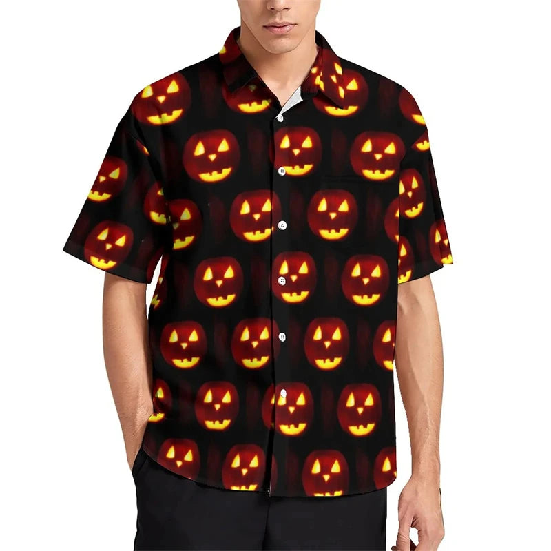 Funny Pumpkin Candy Graphic Blouses Fashion Halloween Gift 3D Printed Beach Shirts Streetwear Boy Short Sleeve Button Male Tops