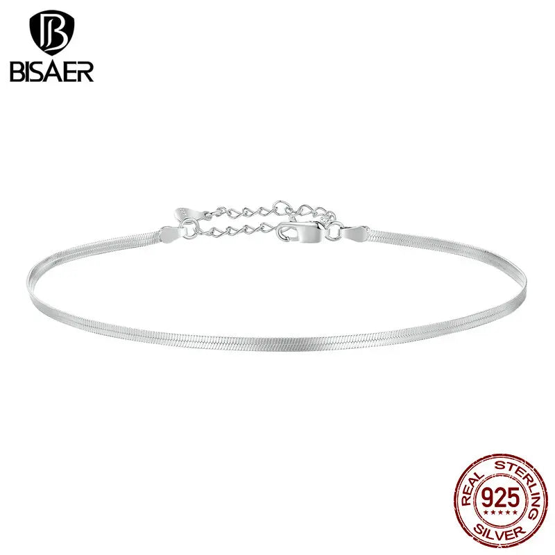 BISAER 925 Sterling Silver Snake Anklets Geometric Chain Anklets Plated White Gold For Women Party Fine Jewelry Holiday ECT029