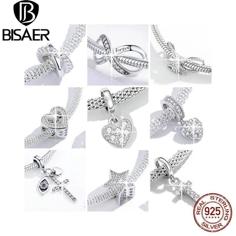 BISAER - Abalorio de plata de ley 925 con circonitas AAAAA transparentes, forma de corazón y cruz, cadena de seguridad, compatible con pulseras y collares, joyería fina DIY