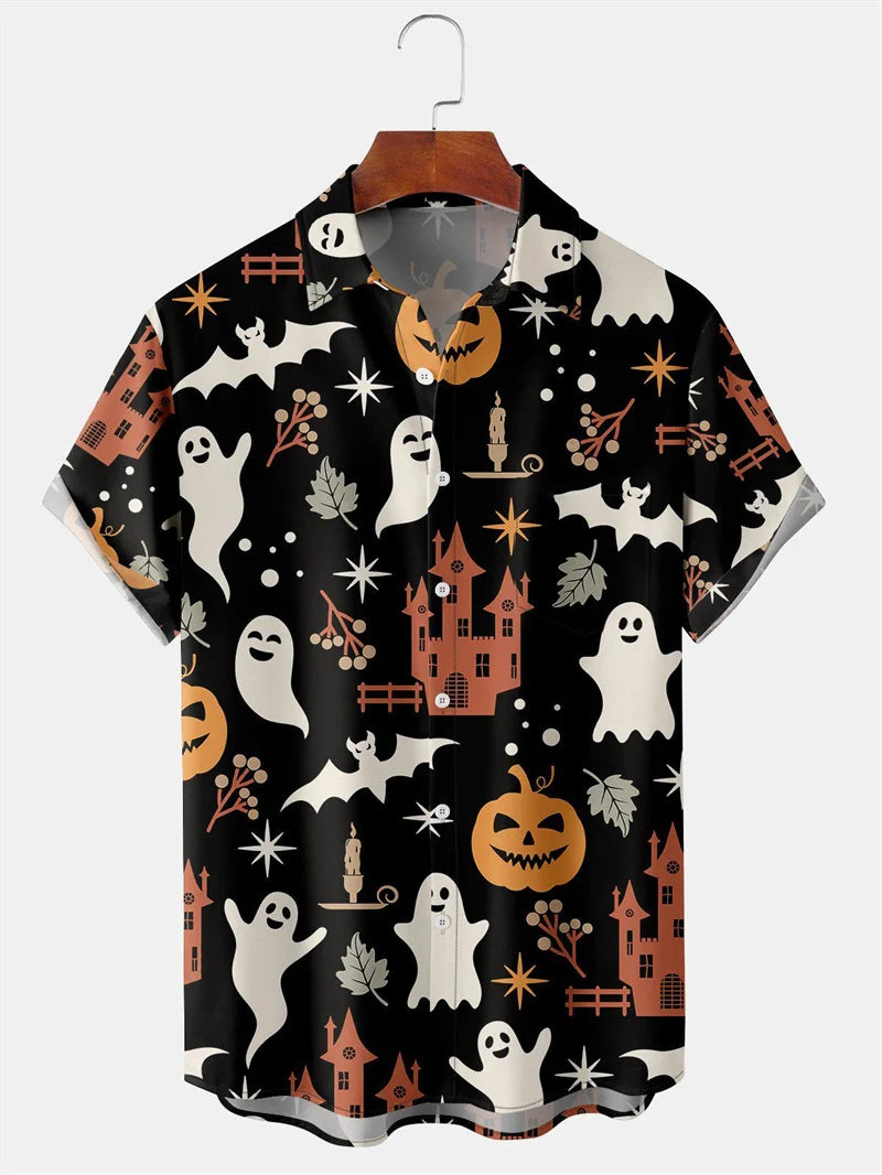 Men's Fashion Halloween Shirt Summer Cute Style Men's Clothing Party Holiday Men Top Pumpkin Head Print Boys' Short Sleeve Shirt