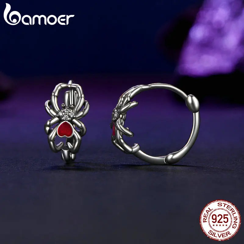 BAMOER Solid 925 Sterling Silver Halloween Spider Earrings for Women Hypoallergenic Hoop Earrings Birthday Jewelry Gift SCE1799