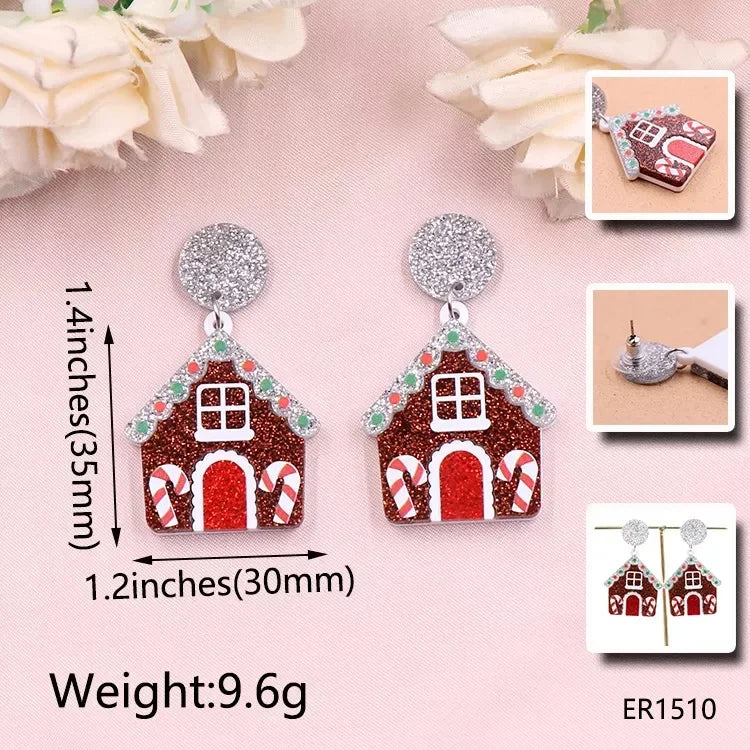 Boucles d'oreilles pendantes de Noël en forme de maison en pain d'épices, boucles d'oreilles en acrylique pailleté pour les fêtes